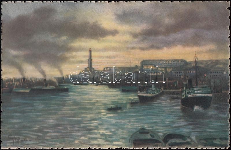 Genova világítótorony és kikötő, artist signed, Genova Lighthouse, port, artist signed