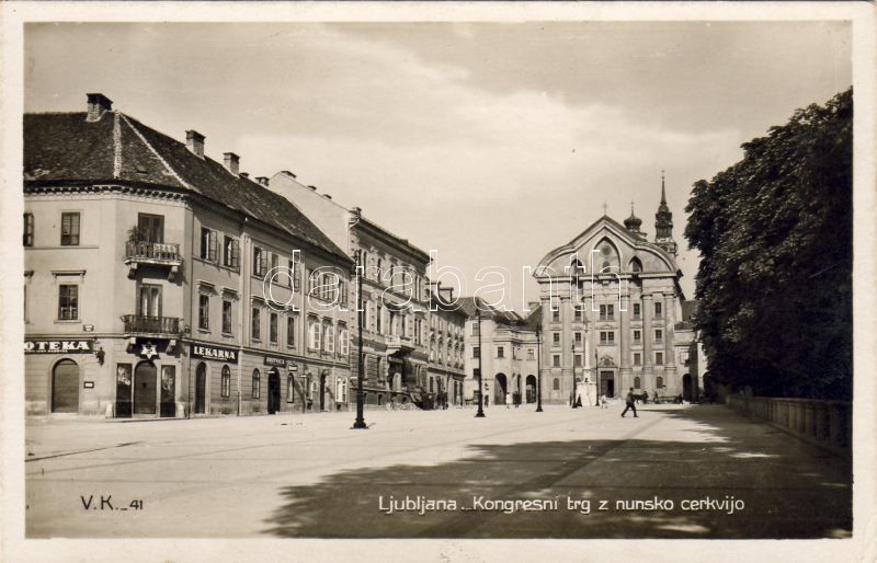 Ljubjana, Kongresni trg. z nunsko cerkvijo, Lekarna / square, church, pharmacy