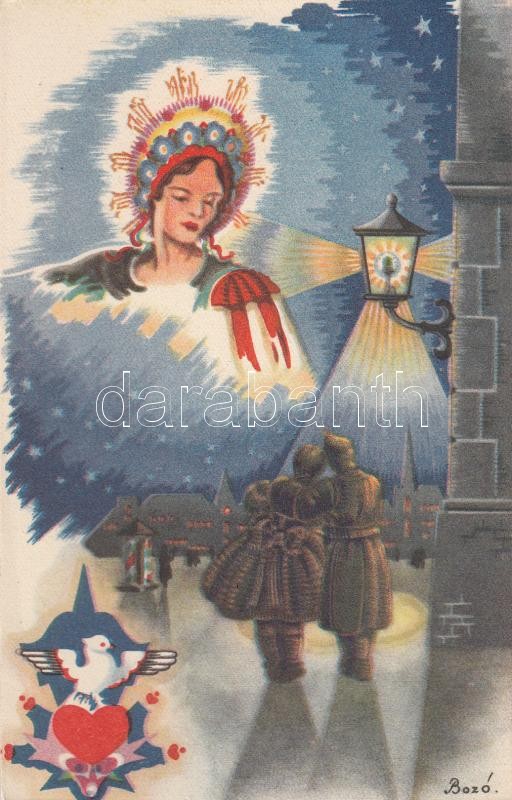 Magyar világháborús üdvözlőlap s: Bozó Gyula, World War II, Hungarian folklore greeting card s: Bozó Gyula