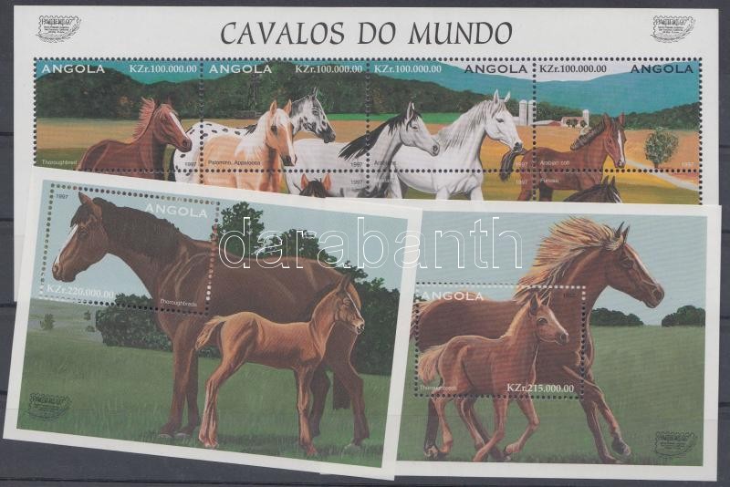 Horses 1 miniature sheets + 2 blocks, Lovak 1 kisív + 2 blokk, Pferde, 1 Kleinbogen + 2 Blöcke