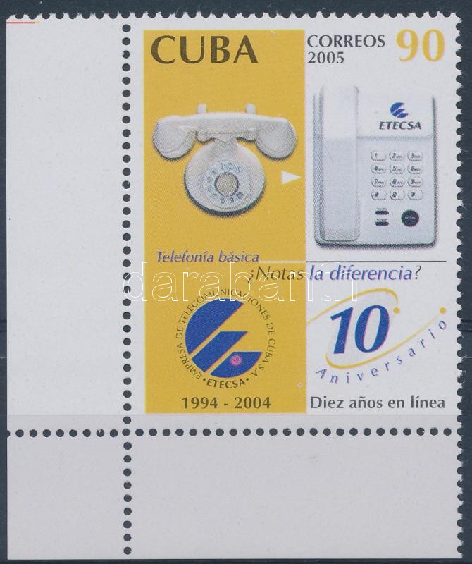 10 years of telephone company ETECSA corner stamp, 10 éves az ETECSA telefontársaság ívsarki bélyeg, 100 Jahre Telefongesellschaft ETECSA Marke mit Rand