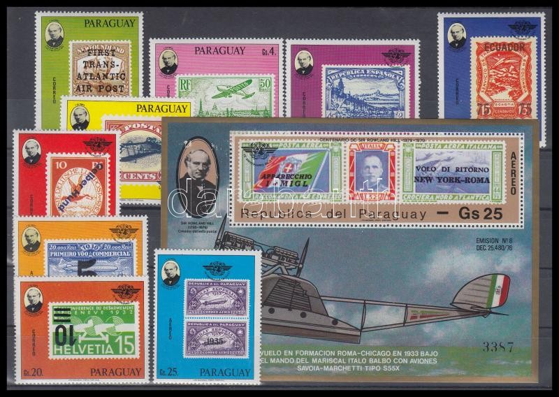 Rowland Hill airplane stamps set + block, Rowland Hill repülőbélyegeket ábrázoló bélyegek sor + blokk