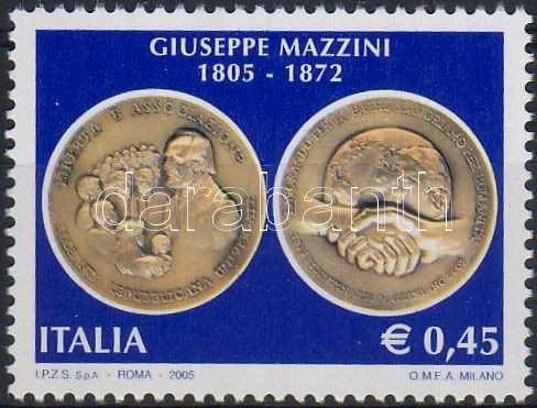200th anniversary of birth of Giuseppe Mazzini margin stamp, Giuseppe Mazzini születésének 200. évfordulója ívszéli bélyeg, 200. Geburtstag von Giuseppe Mazzini Marke mit Rand