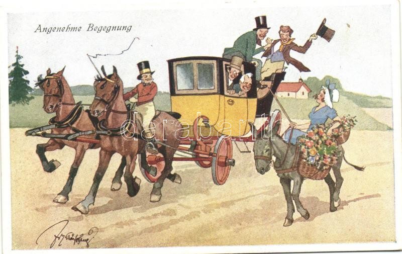 Angenehme Begegnung / Pleasant Encounter, Horse-drawing carriage, horse, donkey, lady, B.K.W.I. 4695-6 s: Schönpflug, 'Kellemes találkozás' Lovashintó, ló, szamár, hölgy, B.K.W.I. 4695-6 s: Schönpflug