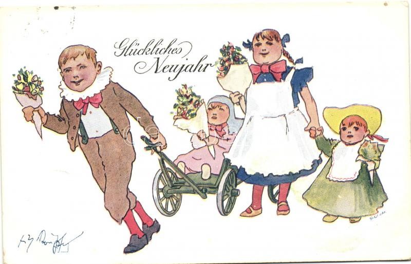 Újévi üdvözlő lap, gyerekek B.K.W.I. 654-1 s: Schönpflug, New Year greeting card, children, B.K.W.I. 654-1 s: Schönpflug