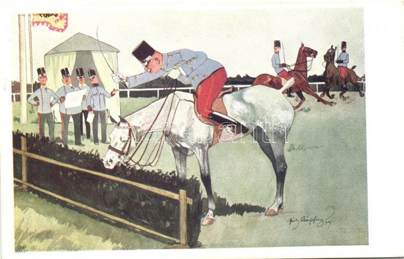 Lóugratás, katona, humor, B.K.W.I. 379-3 s: Schönpflug, Jumping, equestrian sports, soldier, humour B.K.W.I. 379-3 s: Schönpflug