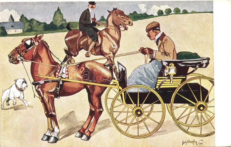 Chariot, horse, dog, humour, B.K.W.I. 883-6 s: Schönpflug, Hintó, ló, kutya, humor, B.K.W.I. 883-6 s: Schönpflug