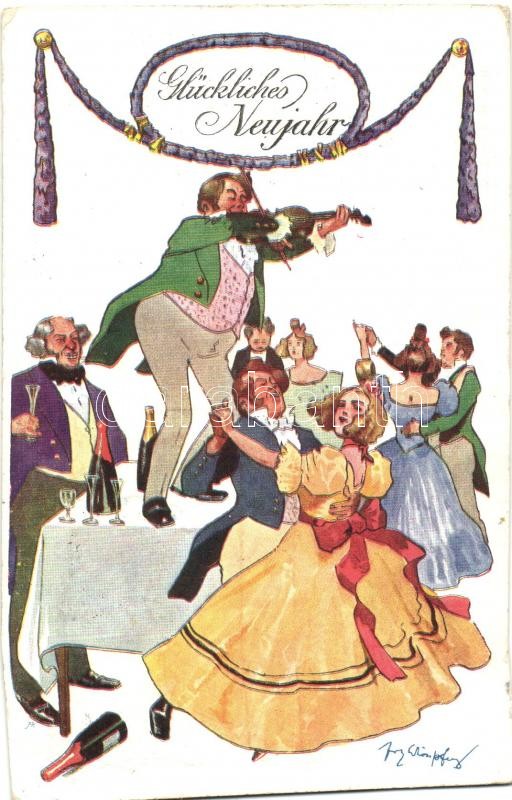 Újévi üdvözlő lap, pezsgő, hegedűs, humor, B.K.W.I. 2504-6 s: Schönpflug, New Year greeting card, champagne, fiddler, humour, B.K.W.I. 2504-6 s: Schönpflug