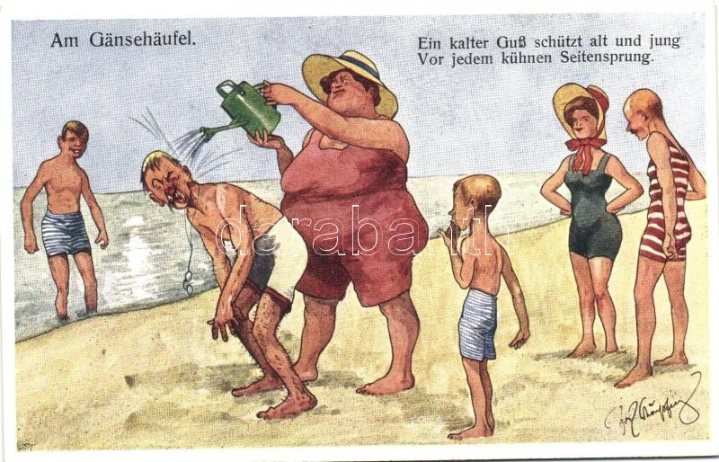 Am Gänsehäufel / sandy beach, family, humour, B.K.W.I. 680-5 s: Schönpflug, Homokos part, strand, család, humor, B.K.W.I. 680-5 s: Schönpflug