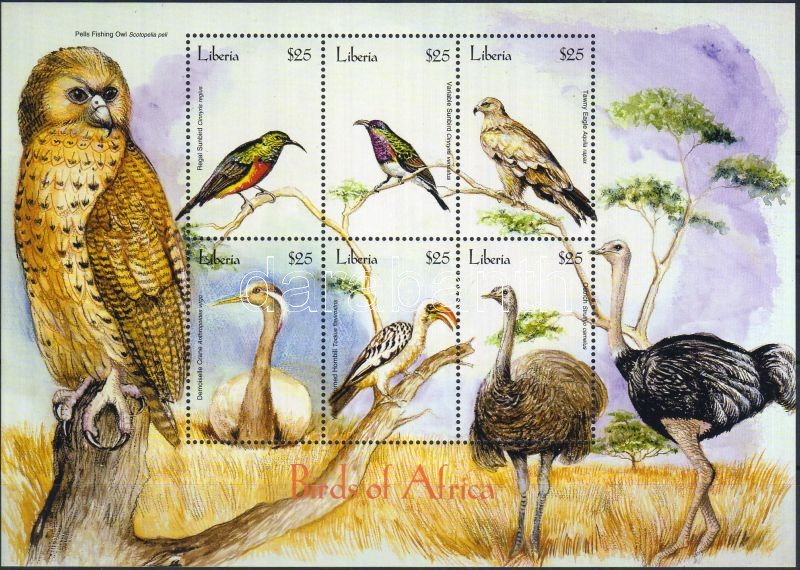Birds of Africa miniature sheet, Afrika madarai kisív, Vögel von Afrika Kleinbogen