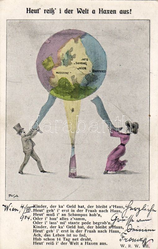 'Der Welt a Haxen' map, humour, artist signed, Térkép, humour, szignózott