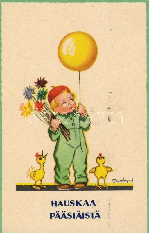 Húsvét, kisfiú, csibék s: K. Frykstrand, Easter, little boy with chickens s: K. Frykstrand