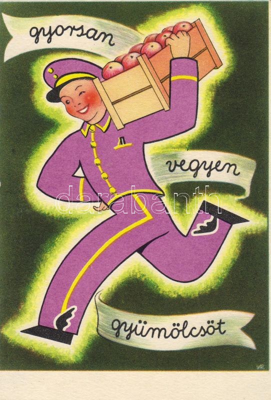 'Gyorsan vegyen gyümölcsöt' propaganda, C vitamin táblázat a hátoldalon, Hungarian propaganda, fruits, Vitamin C table on the backside