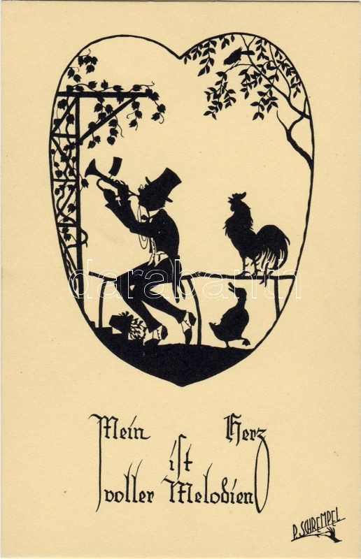 Trumpeter silhouette, rooster, duck s: P. Schrempel, Trombitás sziluett, kakas, kacsa s: P. Schrempel