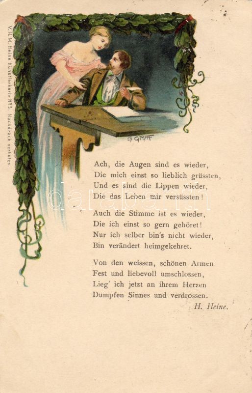 Heinrich Heine poem, illustration litho s: G. Graf, Heinrich Heine verse, illusztráció litho s: G. Graf