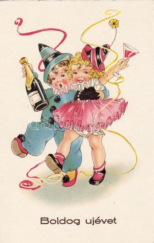 Újév, bohóc gyerekek, pezsgő, New Year, clown children, champagne