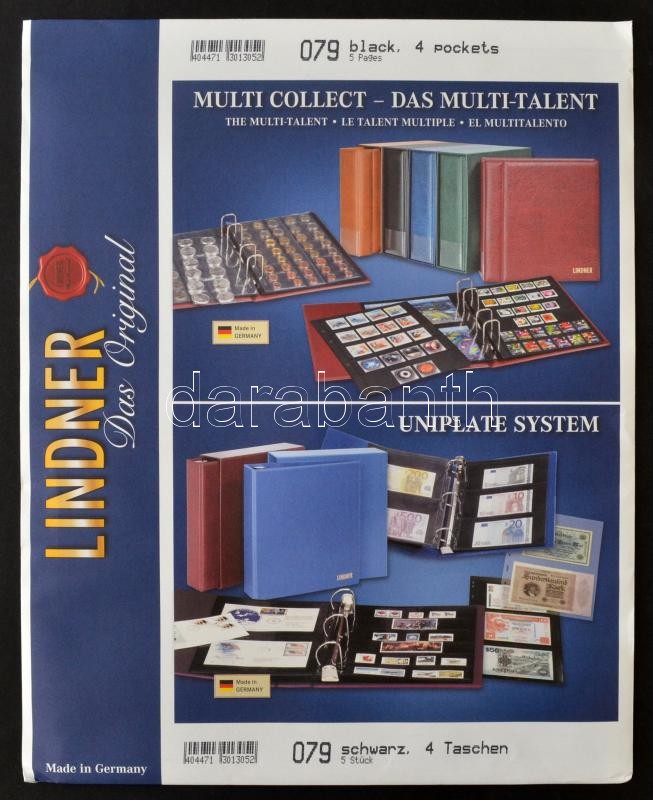 Lindner Uniplate gyűrűs berakóhoz 4 osztású albumlap 079, fekete 5db/cs, Lindner Uniplate Stock Sheets 079, 4 stripes, 5/pack, black, Lindner Uniplate Blätter 079, 5 Streifen, 4 St., schwarz