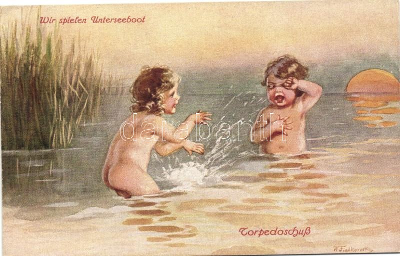 Children, humour, Primus-Postkarte, Wohlgemuth &amp; Lissner No. 1025. s: Fialkowska, Gyerekek, humor, Primus-Postkarte, Wohlgemuth &amp; Lissner No. 1025. s: Fialkowska, Wir spielen Unterseeboot, Torpedoschuss, Primus-Postkarte, Wohlgemuth &amp; Lissner No. 1025. s: Fialkowska