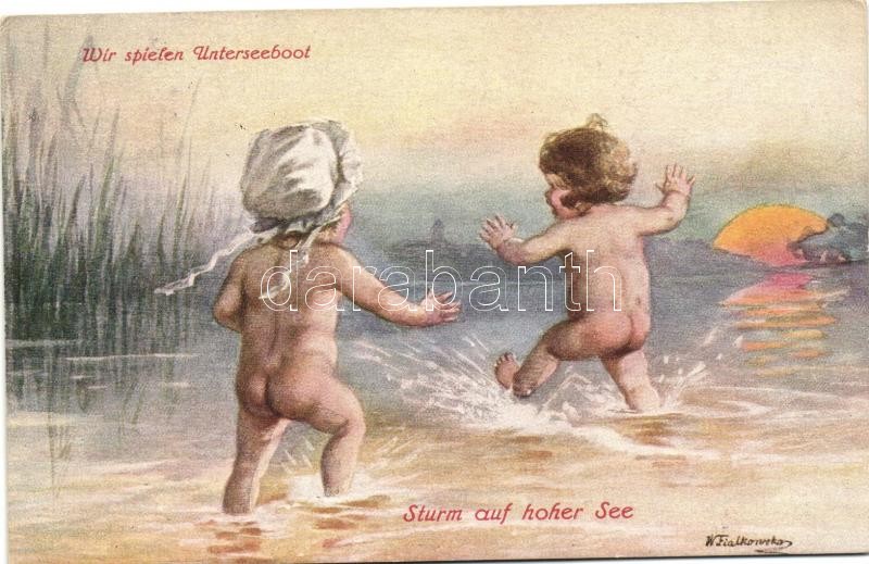 Children, humour, Primus-Postkarte, Wohlgemuth &amp; Lissner No. 1025. s: Fialkowska, Gyerekek, humor, Primus-Postkarte, Wohlgemuth &amp; Lissner No. 1025. s: Fialkowska, Wir spielen Unterseeboot, Sturm auf hoher See, Primus-Postkarte, Wohlgemuth &amp; Lissner No. 1025. s: Fialkowska