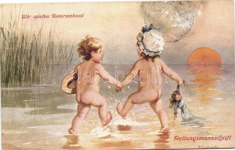 Children, humour, Primus-Postkarte, Wohlgemuth &amp; Lissner No. 1025. s: Fialkowska, Gyerekek, humor, Primus-Postkarte, Wohlgemuth &amp; Lissner No. 1025. s: Fialkowska, Wir spielen Unterseeboot, Rettungsmannschaft, Primus-Postkarte, Wohlgemuth &amp; Lissner No. 1025. s: Fialkowska