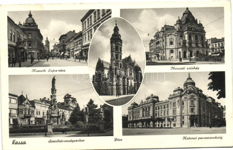 Kosice, street, theatre, statue, military headquarters, Kassa, Kossuth Lajos utca, Nemzeti színház, Szentháromság-szobor, Katonai parancsnokság