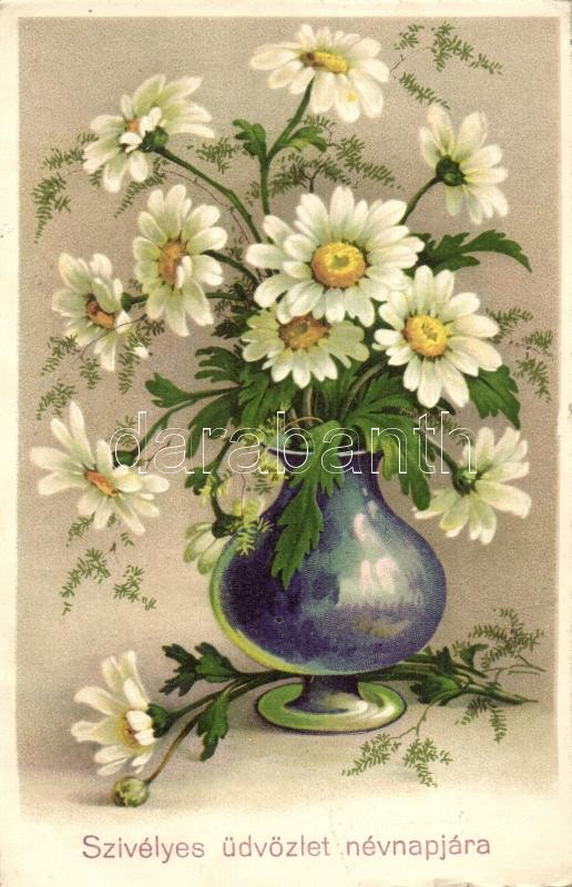 Name day greeting card, flowers, litho, Névnapi üdvözlő lap, virágok, litho