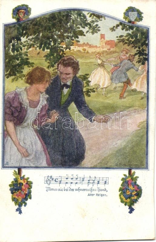 Romantic music sheet card, Deutscher Schulverein Karte Nr. 1249., Romantikus kottás lap, Deutscher Schulverein Karte Nr. 1249.