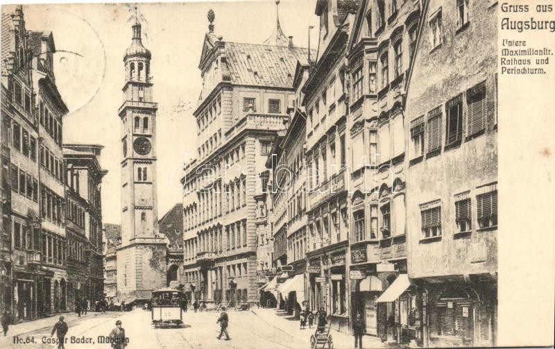 Augsburg, Maximilianstrasse, Rathaus, Perlachturm / street, town hall, tower, tram