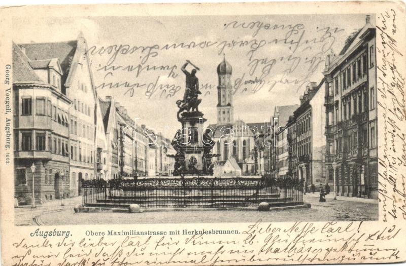 Augsburg, Obere Maximilianstrasse mit Herkulesbrunnen / street, fountain