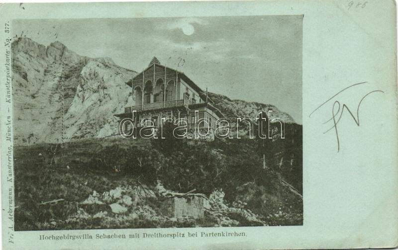 1898 Garmisch-Partenkirchen, Hochgebirgsvilla Schachen mit Dreithorspitze / mountain villa, peak; Fr. A. Ackermann Künstlerpostkarte No. 377.