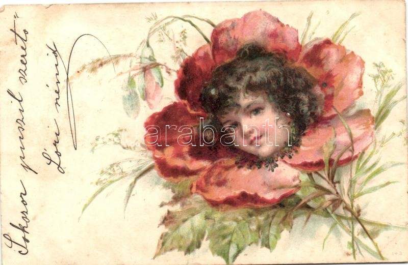 1899 Poppy flower, girl's head, bizarre, litho, 1899 Pipacs, lány fej, bizarr, litho