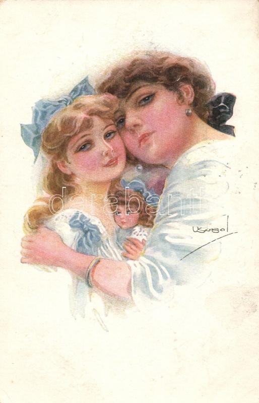 Olasz művészlap, anya és lánya, Erkal No. 329/6. s: Usabal, Italian art postcard, mother and daughter, Erkal No. 329/6. s: Usabal