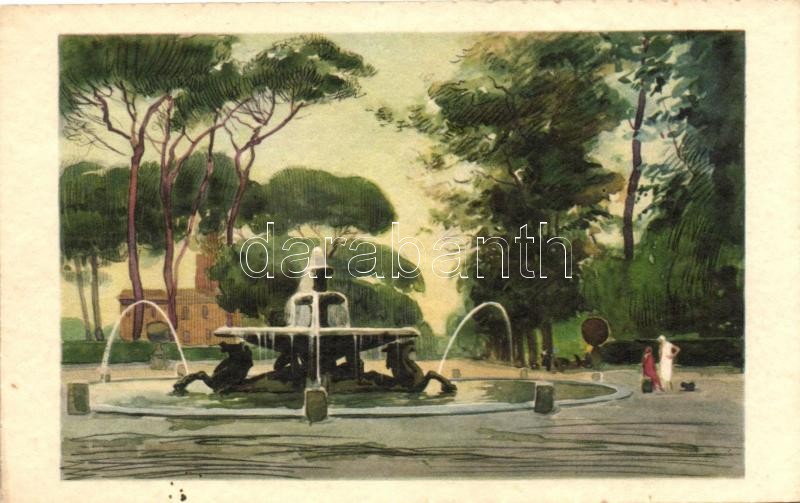 Róma, Szökőkút, művészi képeslap, Rome, Roma; Villa Umberto I. Fontana dei Cavalli Marini; art postcard