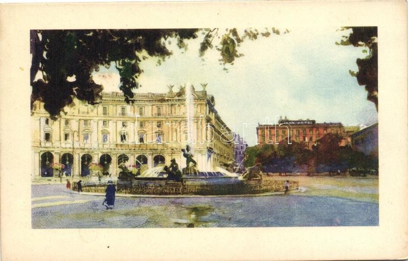 Rome, Roma; Piazza dell' Esedra, Gran Hotel; art postcard, Róma, Piazza dell' Esedra, Gran Hotel; művészi képeslap