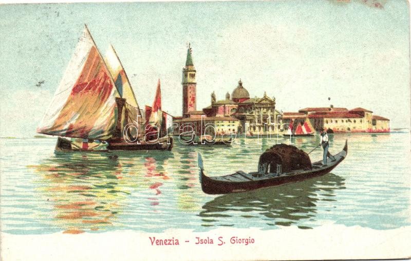 Venice, Venezia; Isola S. Giorgio, litho art postcard, Velence, Szent György sziget; művészi litho képeslap