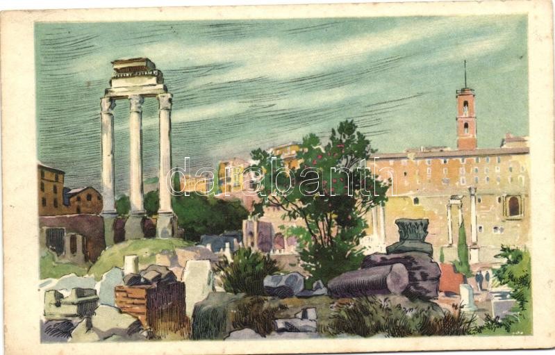 Rome, Roma; Foro Romano, Tempio di Castore e Polluce; art postcard, Róma, Foro Romano, Tempio di Castore e Polluce; művészi képeslap