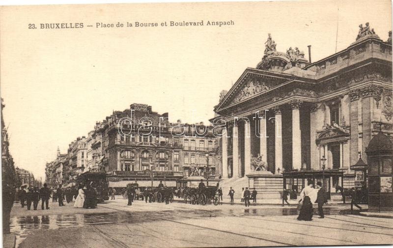 Brussels, Bruxelles; Stock exchange palace, Anspach boulevard, tram