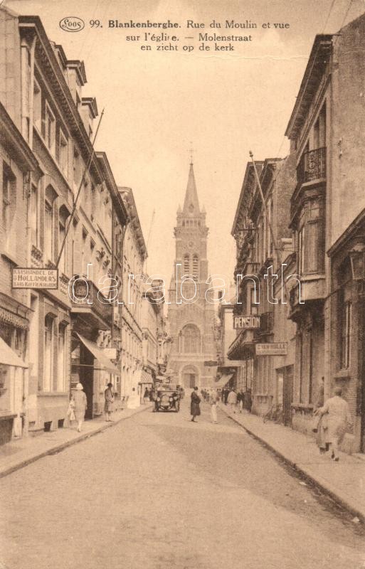 Blankenberge, Rue du Moulin / street, church, pension