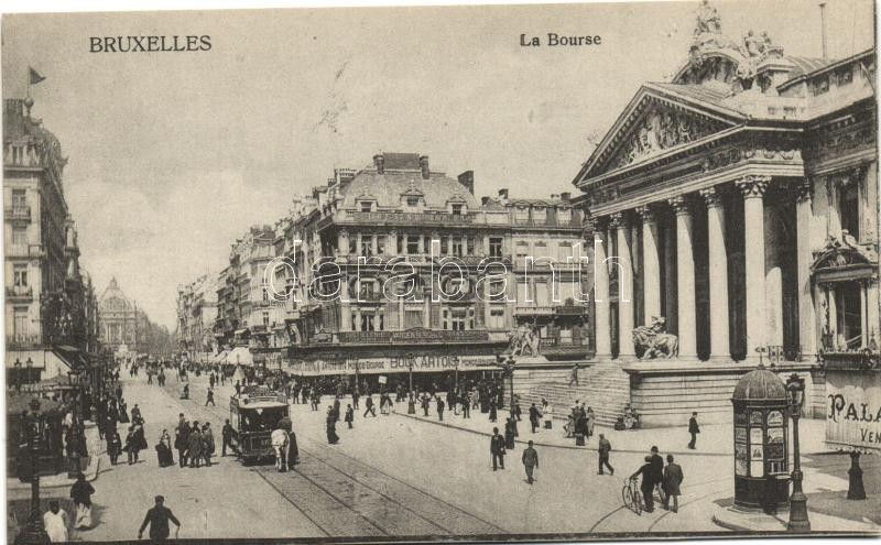 Brussels, Bruxelles; La Bourse, tram, Bock Artois, Van den Bergh &amp; Co.;Margerine &quot;Belgica&quot; advertisement on the backside
