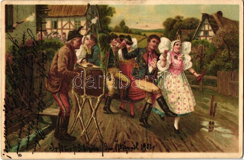 Bohemian folklore, decorated postcard, litho