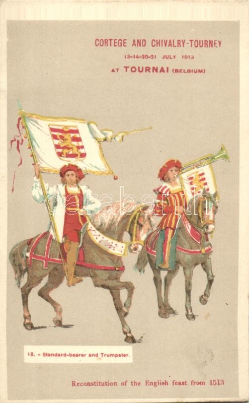 Tournai, Cortege and Chivalry, Reconstruction of the English feast from 1513. 18. Standard-bearer and Trumpeter, litho