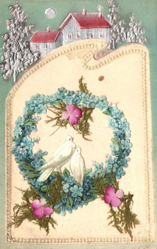 Birds, flower, decorated postcard, Emb. litho