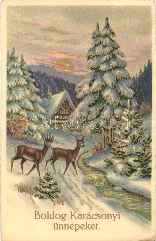 Karácsony, őzek, Erika Nr. 001. litho, Christmas, deer, Erika Nr. 001. litho