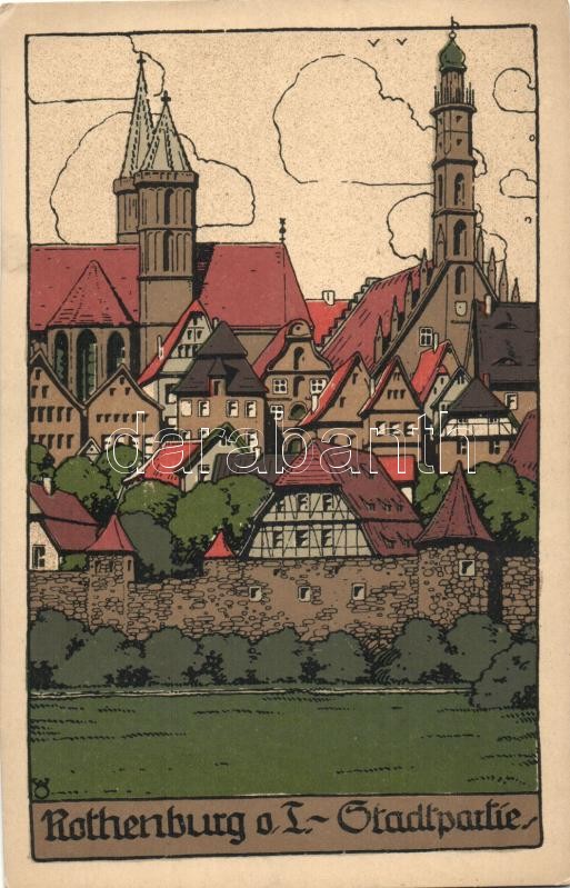 Rothenburg, Künstler-Stein-Zeichnung litho
