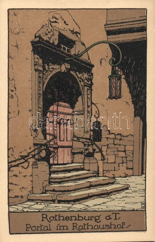 Rothenburg ob der Tauber, Portal im Rathaushof / town hall courtyard, entry, Künstler-Stein-Zeichnung litho