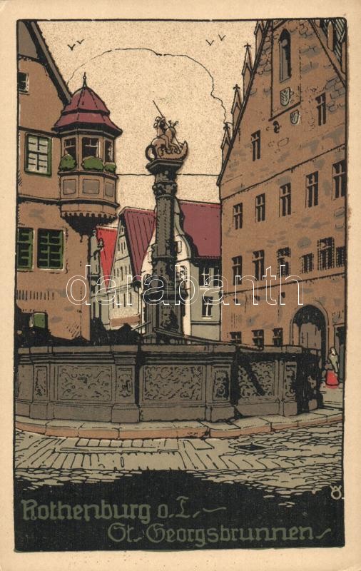 Rothenburg ob der Tauber, St. Georgsbrunnen / fountain, Künstler-Stein-Zeichnung litho