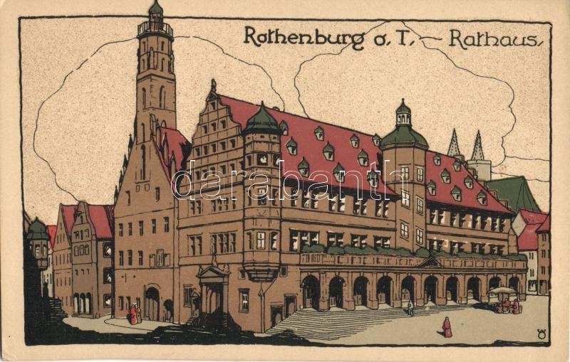 Rothenburg ob der Tauber, Rathaus / town hall, Künstler-Stein-Zeichnung litho