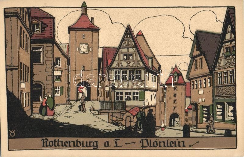 Rothenburg ob der Tauber, Plönlein/ town hall, Künstler-Stein-Zeichnung litho