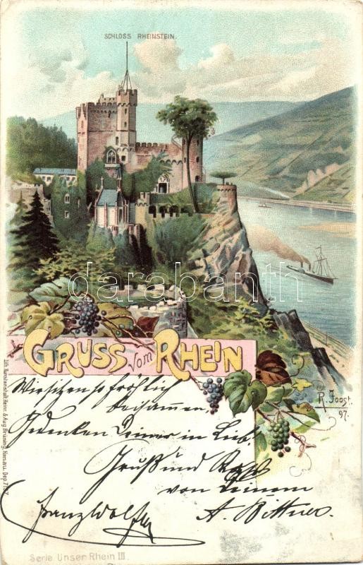 1899 Rheinstein Castle, grapes; Kunstanstalt Heinr. &amp; Aug. Brüning Serie Unser Rhein III. litho s: R. Joost