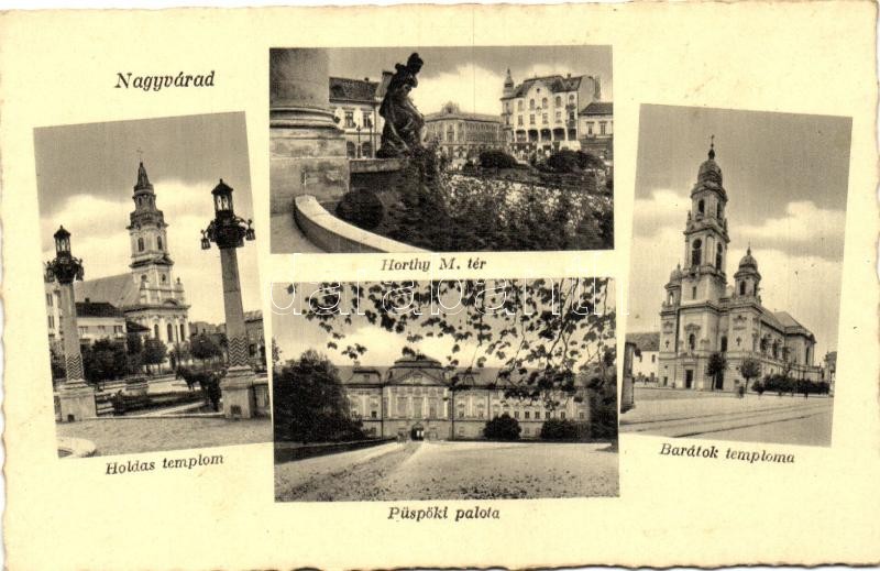 Nagyvárad, Horthy tér, Barátok temploma, Holdas templom, püspöki palota, Oradea, multi-view